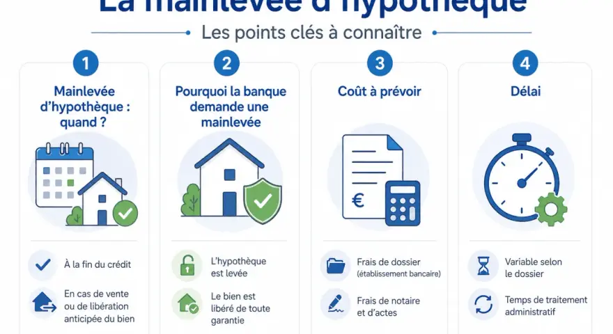 Infographie expliquant la mainlevée d'hypothèque : quand, pourquoi, coût et délai.