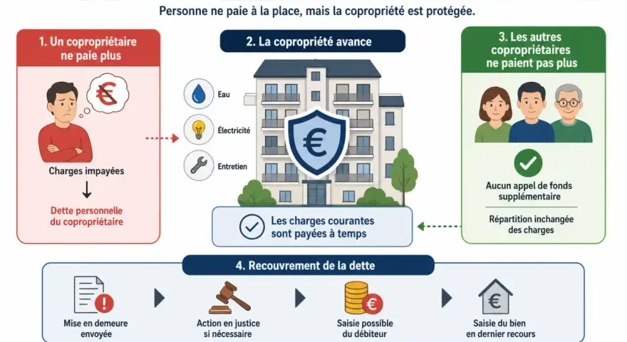 Un copropriétaire défaillant crée une dette. La copropriété avance les fonds, puis poursuit le débiteur pour récupérer la somme.