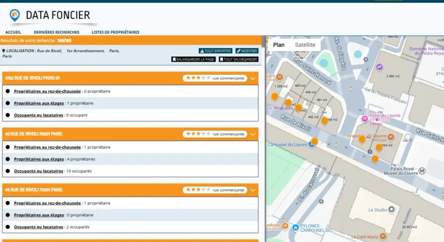 Interface de recherche immobilière affichant des informations sur des propriétés situées Rue de Rivoli, Paris. Le cadastre Gien est visible sur la carte satellite.