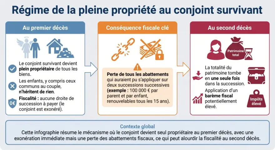 Au premier décès, le conjoint devient plein propriétaire. La dévolution successorale peut entraîner une perte d'abattements fiscaux au second décès.