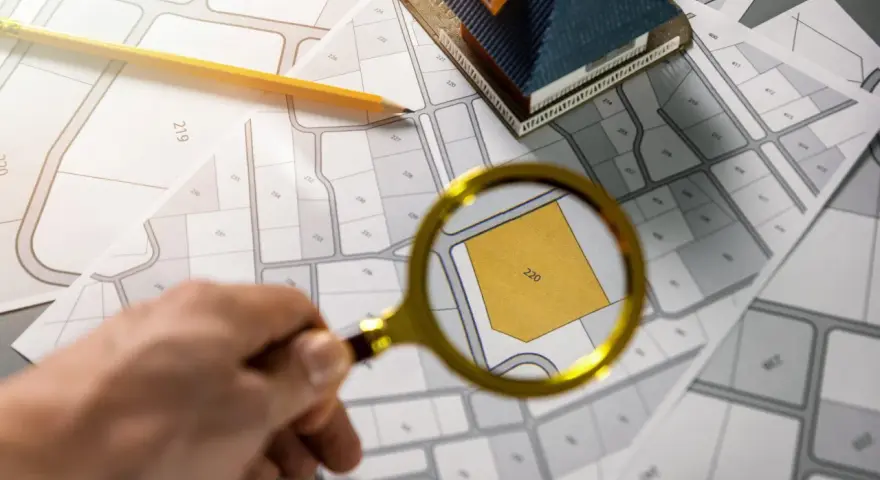 Une loupe examine un plan de cadastre d'Aix, révélant la parcelle 220. Un crayon et une maquette de maison sont posés sur les plans.