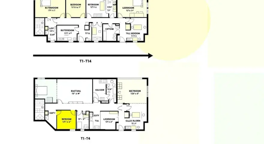 Plans de maisons T1-T14 et T1-T4. La définition T3 est visible sur le plan supérieur, montrant plusieurs chambres et espaces de vie.
