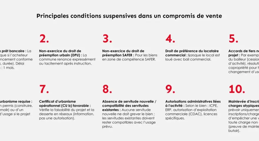 Les principales conditions suspensives dans un compromis de vente incluent l'obtention d'un prêt, le non-exercice des droits de préemption, et les autorisations administratives.