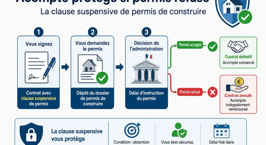 Infographie expliquant la clause suspensive de permis de construire : signature, demande, décision, et issues (accepté/refusé).