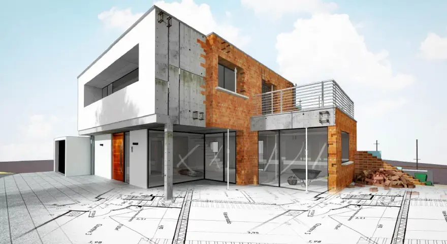 Maison moderne en construction sur des plans. L'image illustre l'obligation de bornage terrain à bâtir, avec des éléments de construction et des plans architecturaux superposés.
