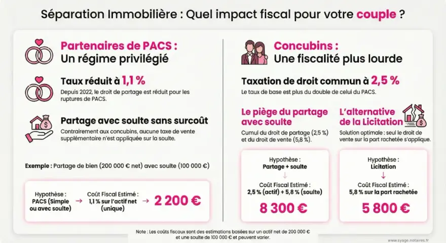 Comparaison fiscale : PACS vs concubinage pour la résidence principale. Le PACS offre un régime privilégié, notamment pour le partage avec soulte.