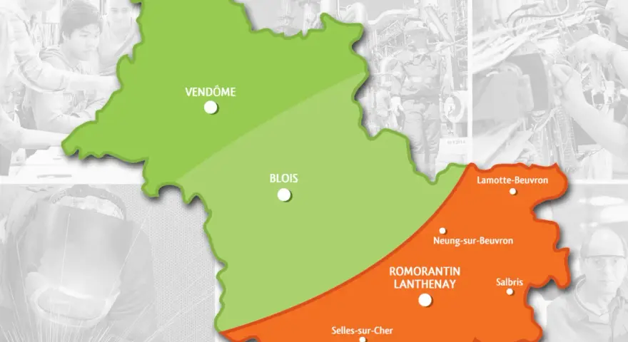 Carte du Loir-et-Cher, avec les villes de Vendôme, Blois, Romorantin-Lanthenay, Selles-sur-Cher, Saint-Aignan, Lamotte-Beuvron, Neung-sur-Beuvron et Salbris.