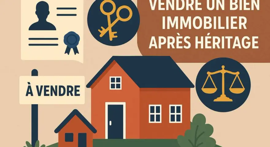 Vente d'un bien immobilier après une succession sans héritier. Icônes : personne, clés, balance de justice. Maison à vendre.
