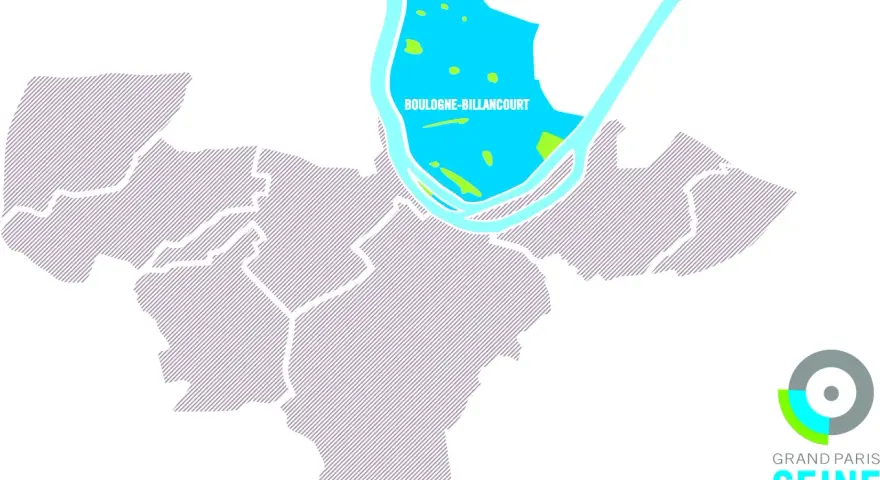 Carte de la Seine Ouest, mettant en évidence la zone de Boulogne-Billancourt avec des espaces verts et bleus.