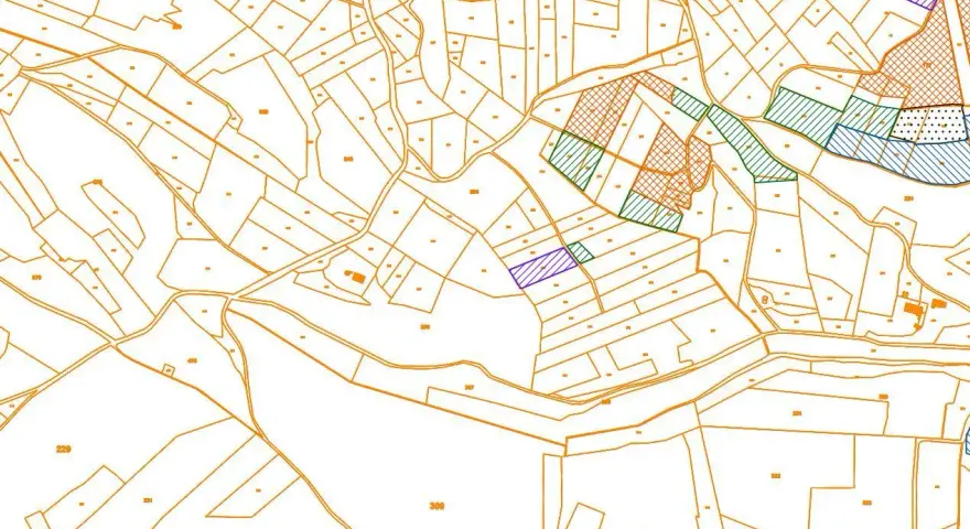 Extrait du cadastre Thiers, une carte topographique divisée en parcelles numérotées, certaines colorées pour indiquer des zones spécifiques.