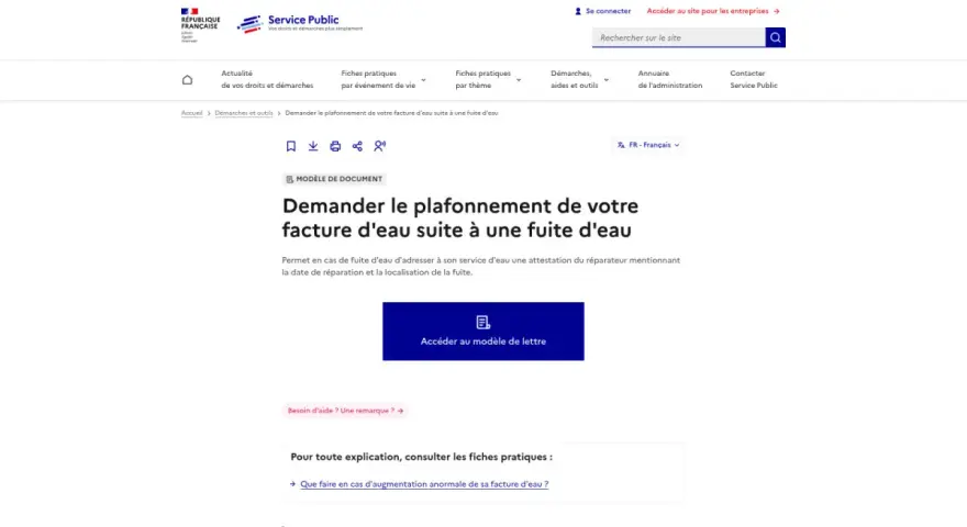 Modèle de lettre pour demander le plafonnement de votre facture d'eau suite à une fuite. Aide pour comment facturer l'eau au locataire.