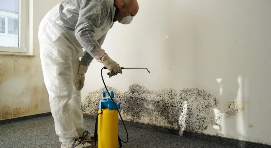 Un homme en combinaison blanche traite des vices apparents sur un mur couvert de moisissure, à l'aide d'un pulvérisateur.