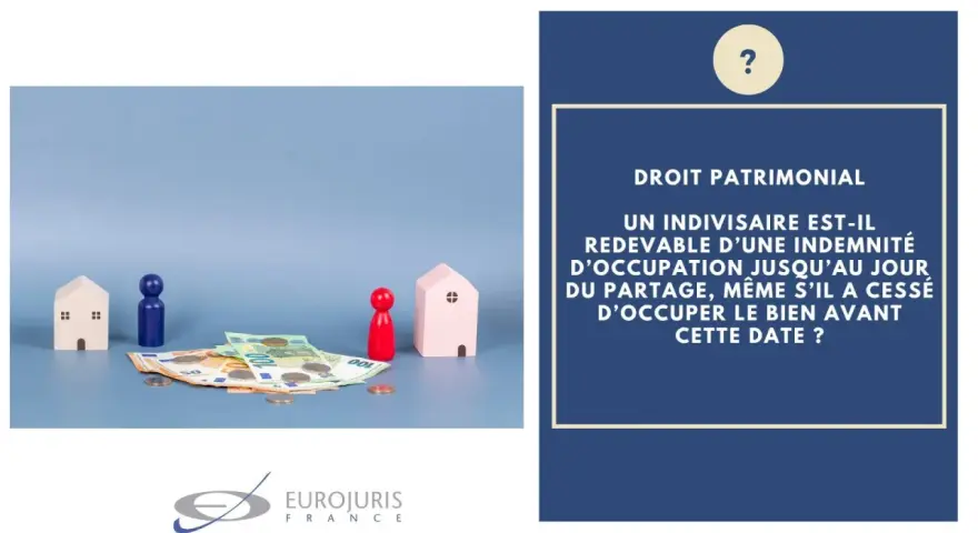 Maquettes de maisons, figurines et billets d'euros symbolisant une question sur l'indemnité d'occupation en indivision.
