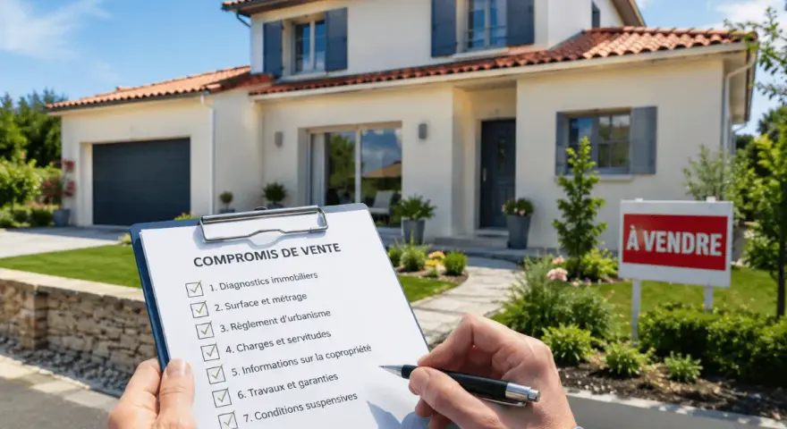 Un notaire vérifie un compromis de vente, incluant le règlement d'urbanisme, devant une maison à vendre.