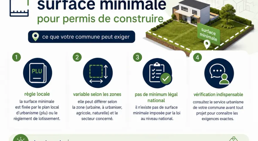 Surface minimale pour construire une maison : règles locales, zones variables, pas de minimum national, vérification en mairie.