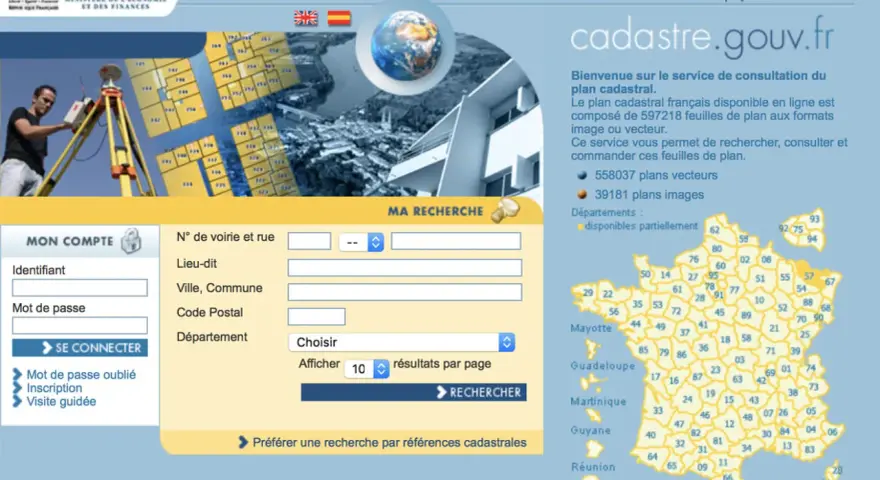Le site cadastre.gouv.fr propose un plan cadastral vitré interactif pour rechercher, consulter et commander des feuilles de plan.