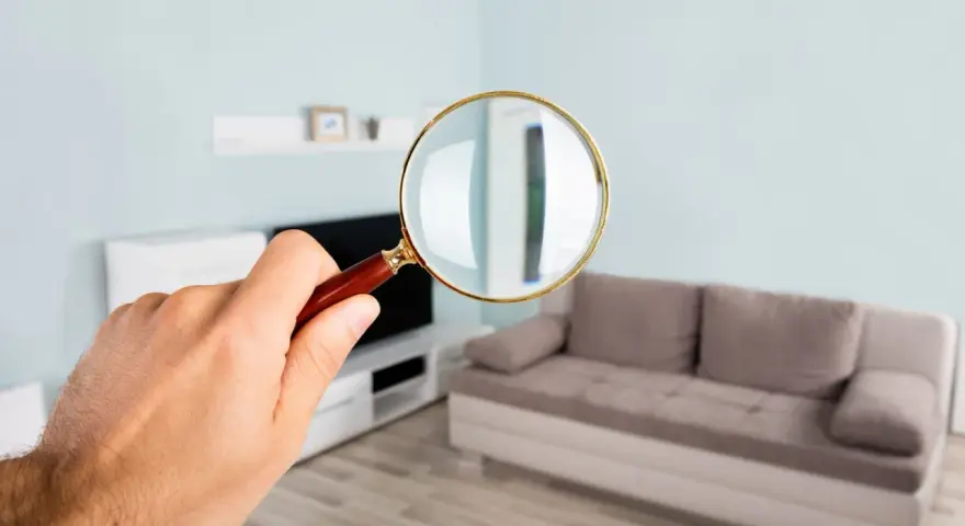 Une loupe examine un salon moderne. On voit un canapé beige, une étagère murale et une télévision. Le mur est bleu pâle, et le parquet est clair. Le plu bordeaux est peut-être caché quelque part.