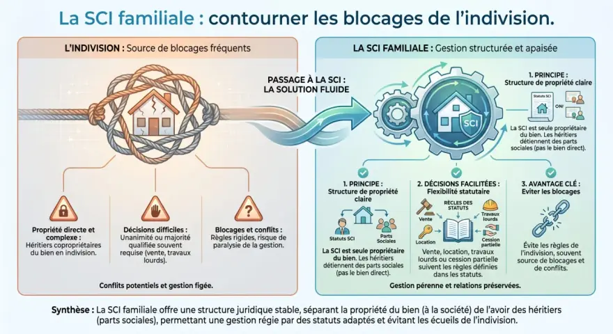 Schéma expliquant comment la SCI familiale évite les blocages de l'indivision, offrant une gestion structurée et apaisée.