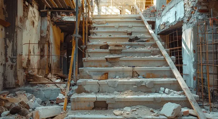 Escalier en béton délabré, entouré de débris et d'échafaudages. Un chantier qui ressemble à une construction illégale, abandonnée.