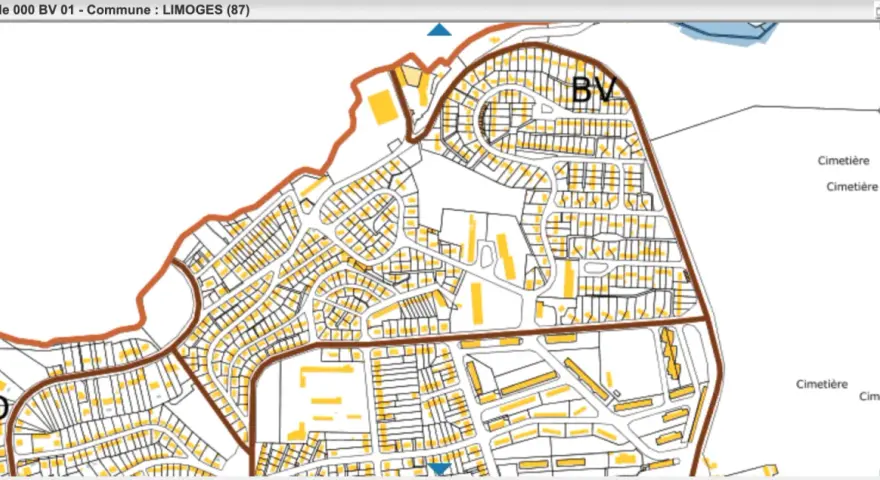 Plan cadastral de Limoges, montrant des parcelles résidentielles et des voies. Le cadastre de Montargis n'est pas visible ici.