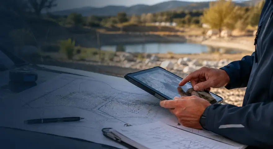 Un homme consulte une tablette et une carte sur le capot d'une voiture, avec un paysage de campagne et un étang en arrière-plan, rappelant une exploration près de **Plu Aix-en-Provence**.