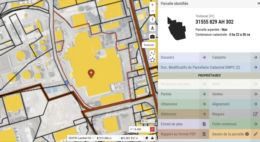 Carte du cadastre montrant des parcelles industrielles à Toulouse. Une parcelle spécifique est mise en évidence avec ses informations.