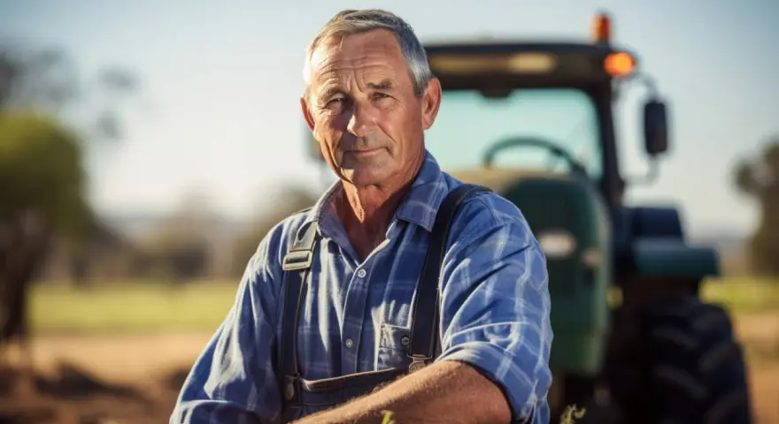 Un fermier expérimenté, son visage marqué par le soleil, pense à son **salaire différé et indivision** tout en regardant vers l'avenir, un tracteur en arrière-plan.