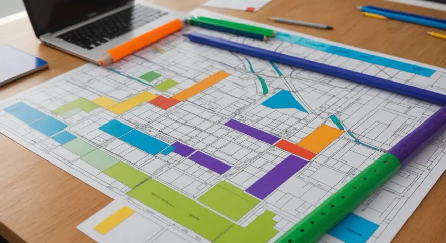 Un plan de ville coloré, avec des crayons et un ordinateur portable. On dirait que quelqu'un prépare une **plu lahonce** pour un projet d'urbanisme.