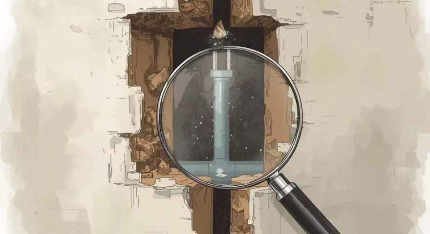 Une loupe révèle un tuyau endommagé dans un mur, illustrant un cas de prescription vice caché.