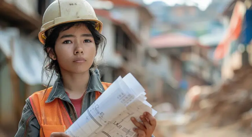 Jeune femme en casque et gilet orange, plans à la main, prête à prouver la construction de plus de 10 ans.