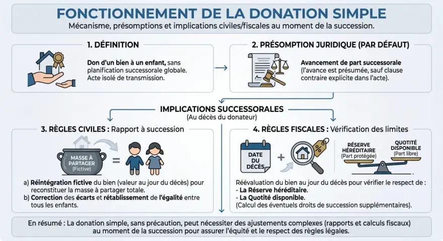 Schéma expliquant la donation simple. Il détaille la définition, la présomption juridique, les règles civiles (rapport à succession) et fiscales. Un rapport donation somme d'argent est nécessaire.