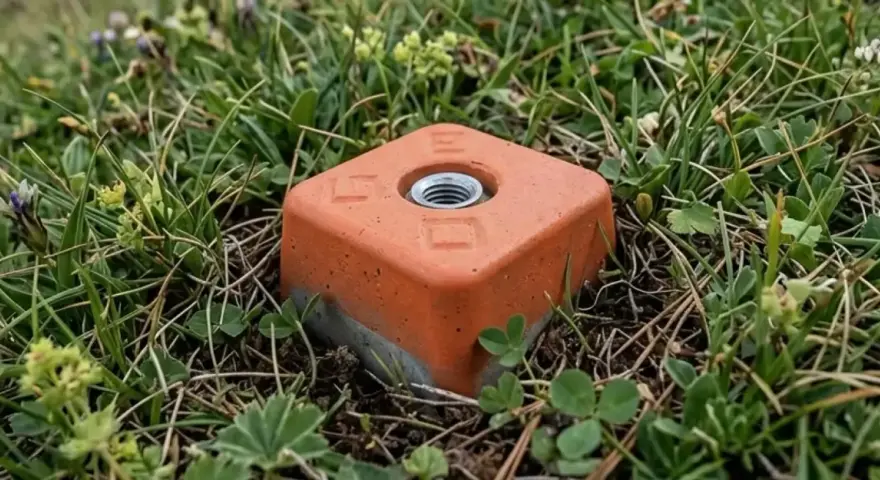 Un piquet de bornage orange, en partie enterré dans l'herbe et les petites fleurs sauvages, marque une limite discrète dans la nature.