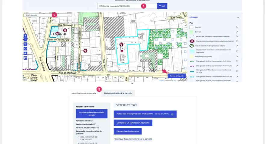 Carte de Paris affichant des informations d'urbanisme, avec une légende détaillée pour l'annexe environnementale.