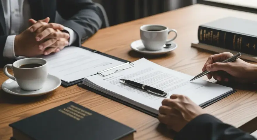 Signature sur un document, peut-être un refus de liquidation de communauté. Deux personnes en costume, café et livres de droit sur la table.
