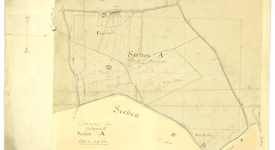 Plan ancien du cadastre de Coulommiers, section A, montrant les parcelles de Francheville et Bois Lallier.