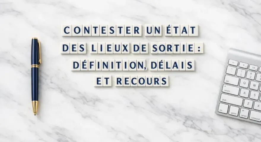 Contester un état des lieux de sortie : définition, délais et recours. Stylo et clavier sur fond marbre.