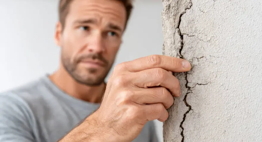Homme inquiet examinant une fissure sur un mur, évoquant un manquement au devoir de conseil de l'agent immobilier.