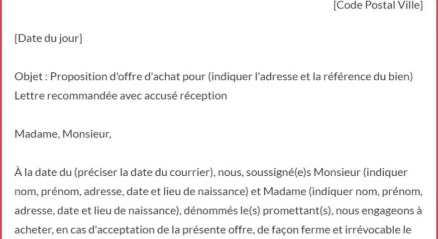 Extrait d'une lettre d'intention d'achat pour un bien immobilier, avec objet et détails des parties.
