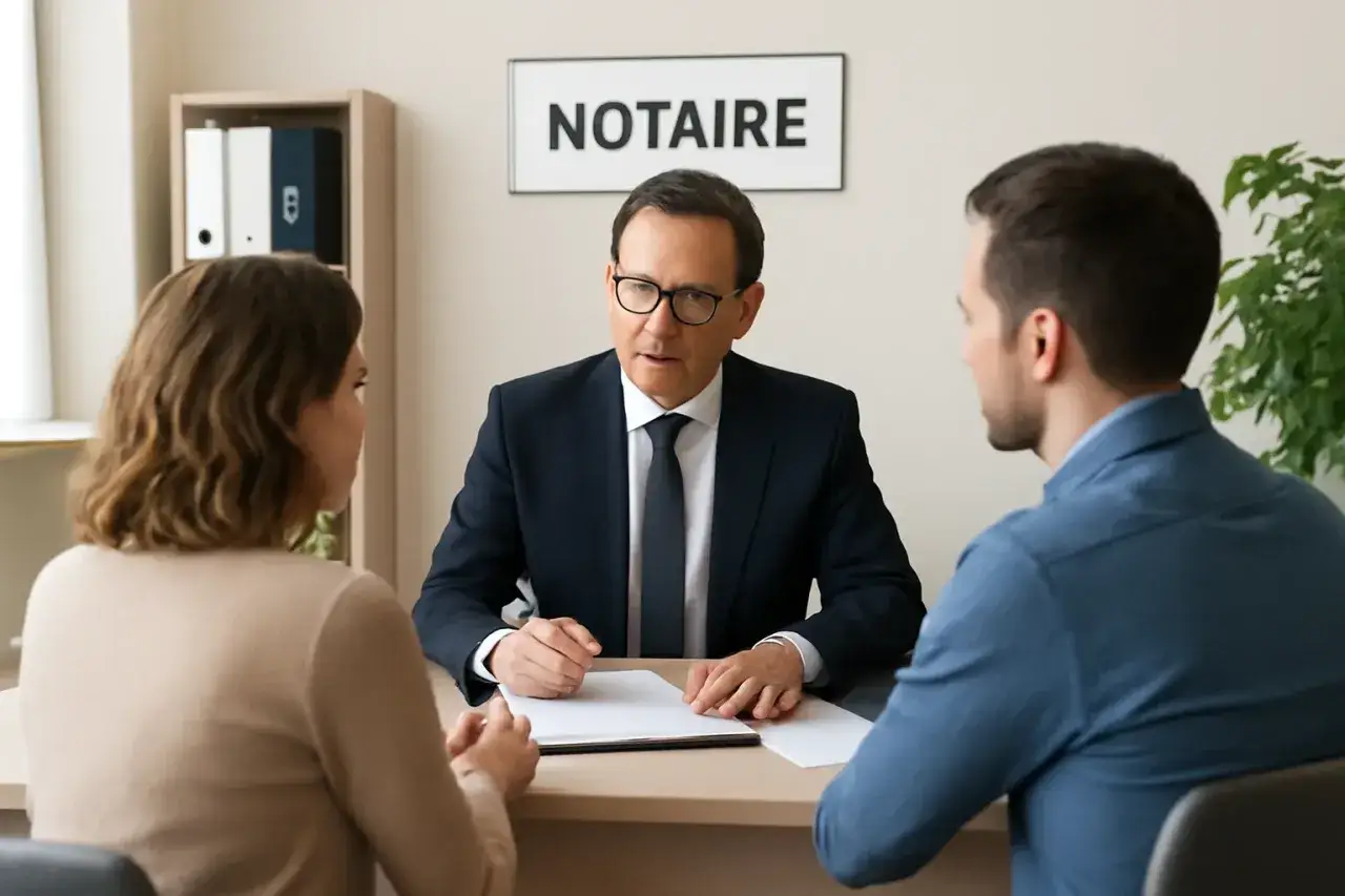 Un couple discute avec un notaire de leur régime de séparation de biens et de leur résidence principale.