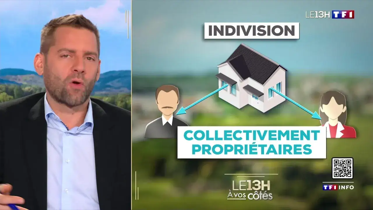 Un pr&eacute;sentateur parle d'un d&eacute;saccord sur des travaux en indivision, illustr&eacute; par une maison partag&eacute;e entre deux propri&eacute;taires.