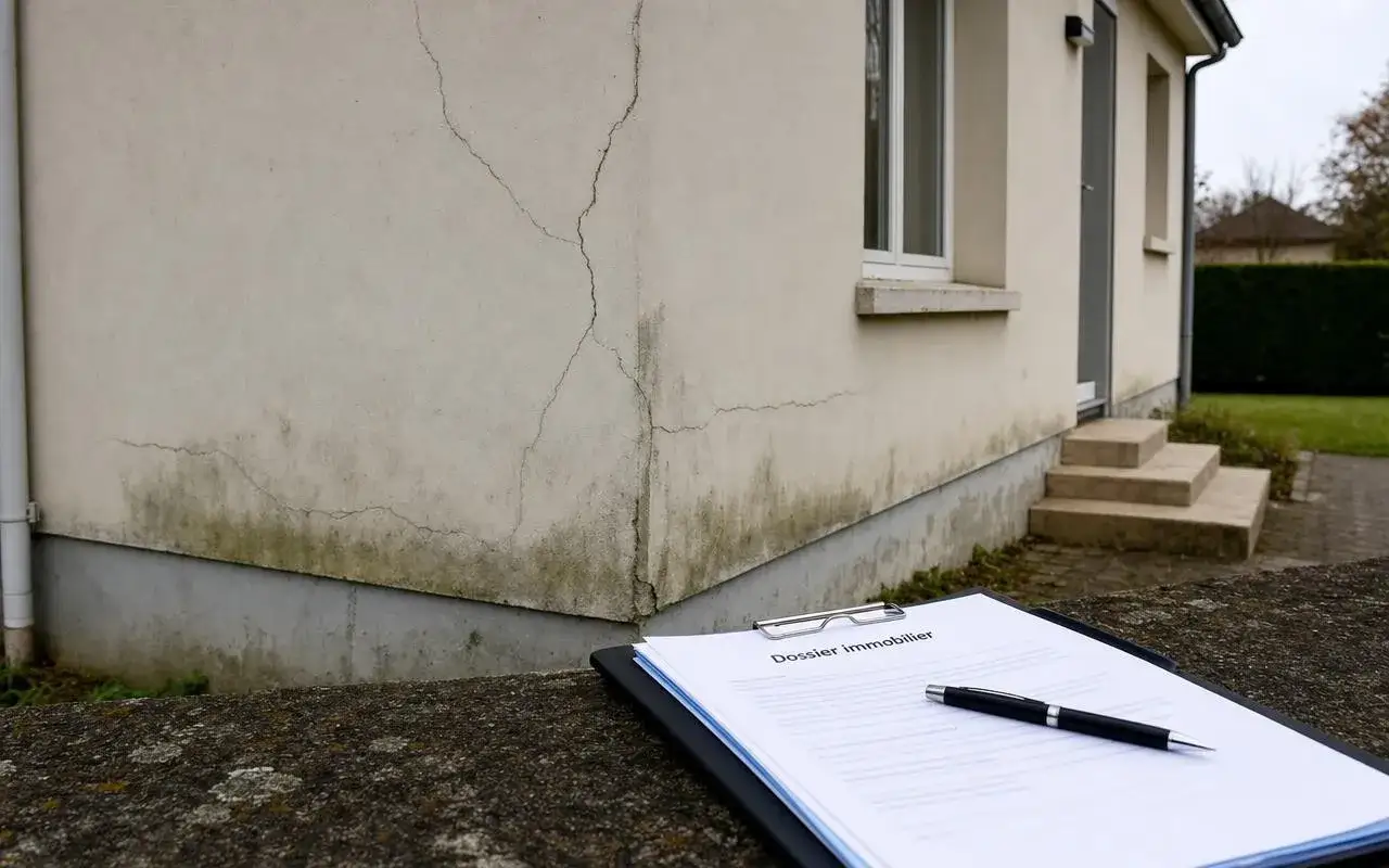Un dossier immobilier sur un presse-papiers, avec un stylo, devant un mur de maison fissur&eacute;. Une lettre pour vices apparents est en cours de r&eacute;daction.