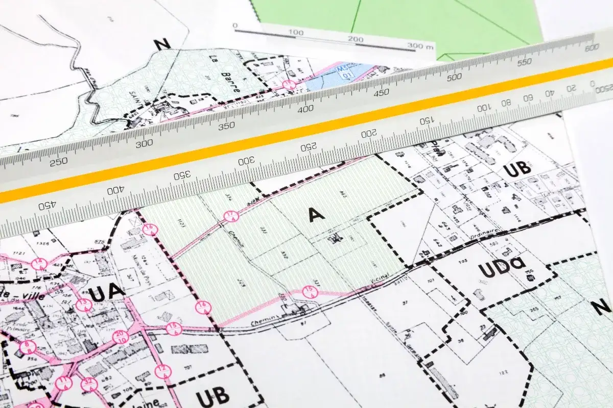 Plans cadastraux et une règle graduée, prêts pour une analyse détaillée. L'image évoque la planification urbaine ou la gestion foncière, peut-être pour un projet à Brest.