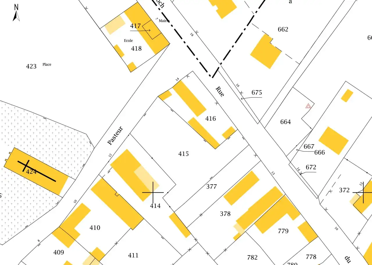 Extrait du cadastre d'Issoire : parcelles numérotées 410, 411, 414, 415, 416, 417, 418, 423, 424, 377, 378, 662, 664, 666, 667, 672, 675, 372, 409, 779, 780, 782.