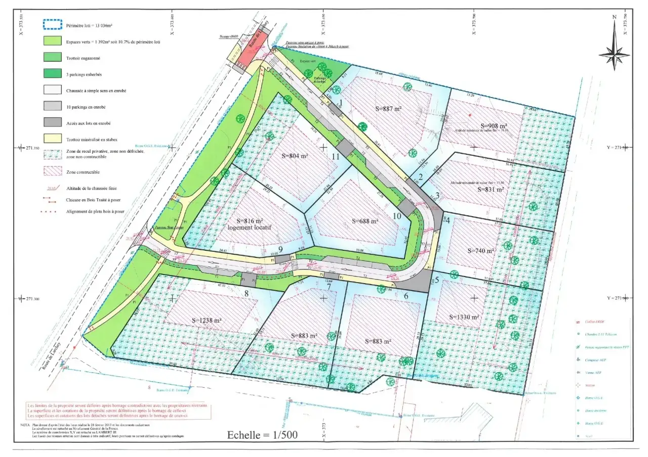 Plan de lotissement conforme au l442-10 du code de l'urbanisme, montrant des parcelles constructibles, des espaces verts et des accès.