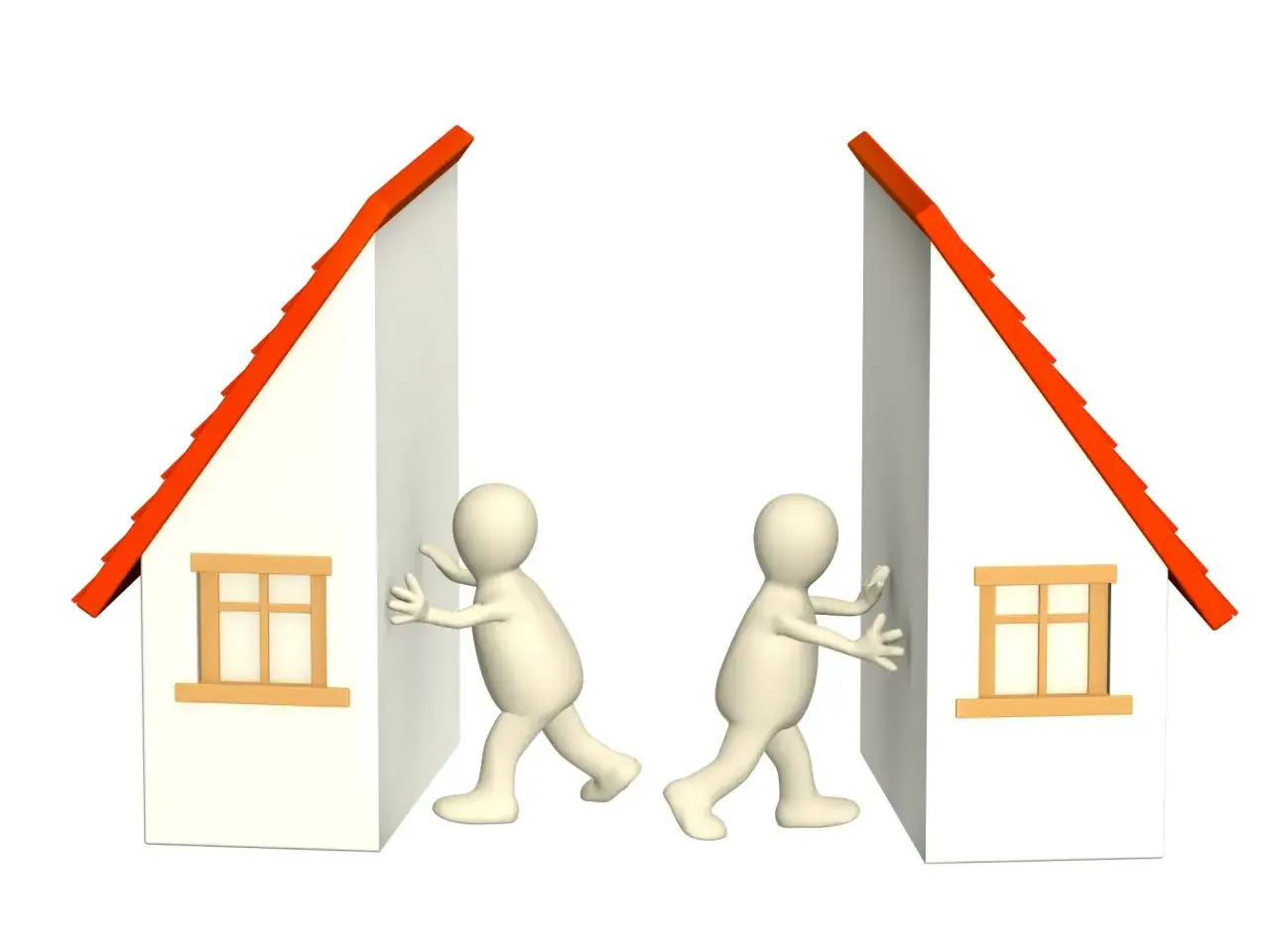 Deux marionnettes poussent des maisons séparées, symbolisant la jouissance divise.