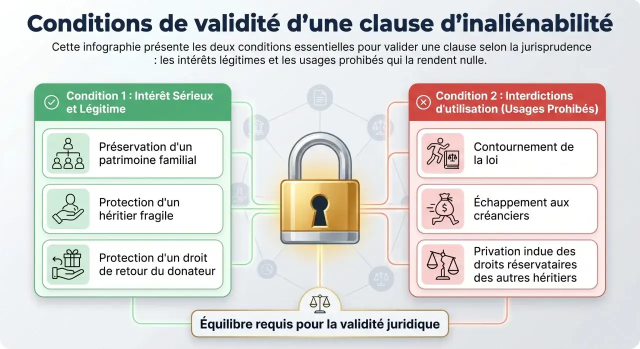 Infographie sur les conditions de validité d'une clause d'inaliénabilité : intérêt légitime (préservation patrimoine, protection héritier fragile, droit de retour) vs interdictions (contournement loi, échappement créanciers, privation droits réservatai...