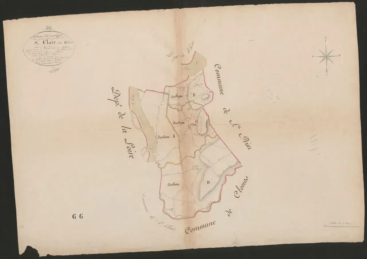 Carte ancienne de Saint-Clair-du-Rhône, divisée en sections. Les limites des départements et communes, ainsi que la présence de détails comme des rivières et des hameaux, aident à comment prouver construction plus de 10 ans.
