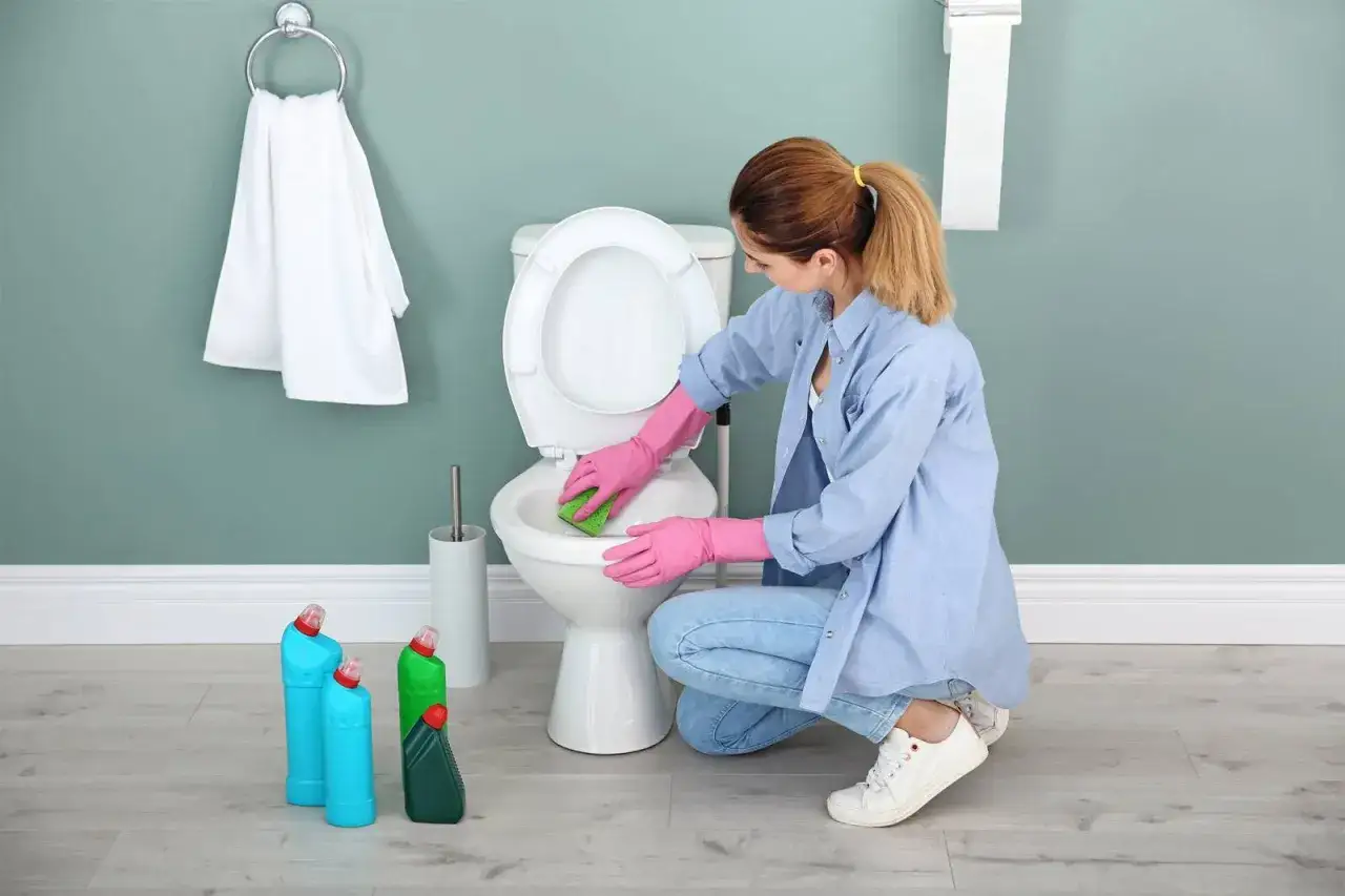 Femme en gants roses nettoyant la cuvette des toilettes avec une éponge verte. Produits de nettoyage au sol. Retenue sur caution pour nettoyage.
