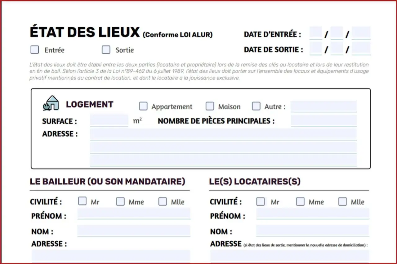 Formulaire d'état des lieux, conforme à la loi ALUR, pour un logement décent selon la loi 1989. Il détaille les informations sur le logement, le bailleur et le locataire.