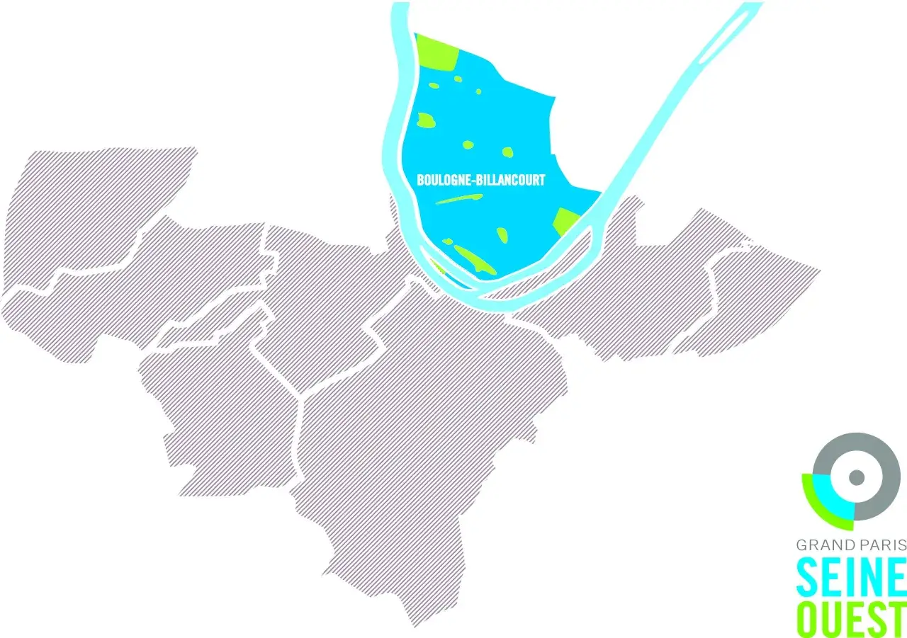 Carte de la Seine Ouest, mettant en évidence la zone de Boulogne-Billancourt avec des espaces verts et bleus.